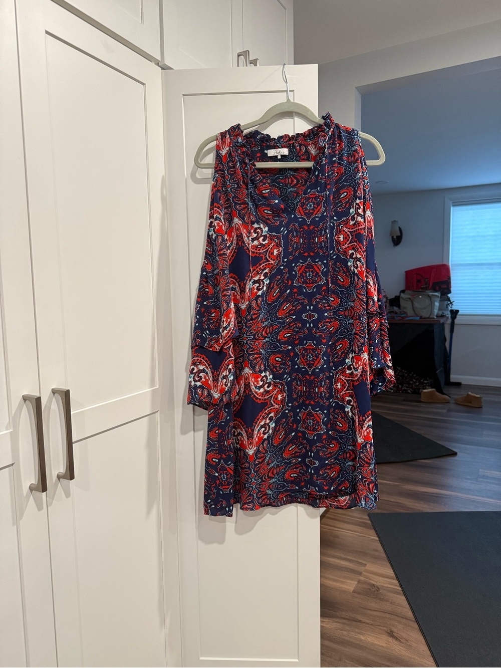 Parker Navy and Red Paisley Cold-Shoulder Long Sleeve Dress